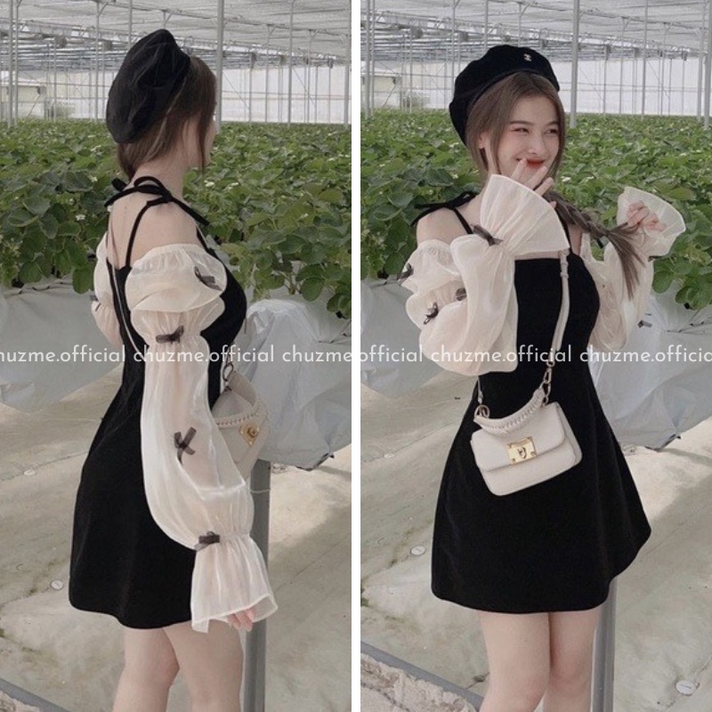 𝙏𝙚𝙩 𝘾𝙤𝙡𝙡𝙚𝙘𝙩𝙞𝙤𝙣/ Đầm nhung tiểu thư chữ A đính nơ phối tay voan phồng