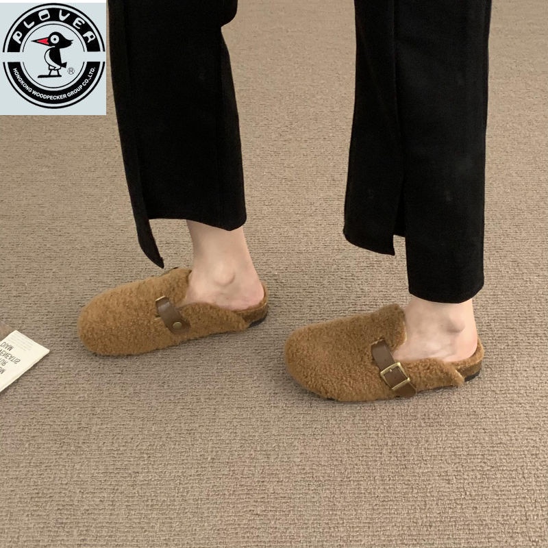 Dép Bít Mũi Phối Lông Xù Phong Cách Hàn Quốc Thời Trang Thu Đông Mới Dành Cho Nữ