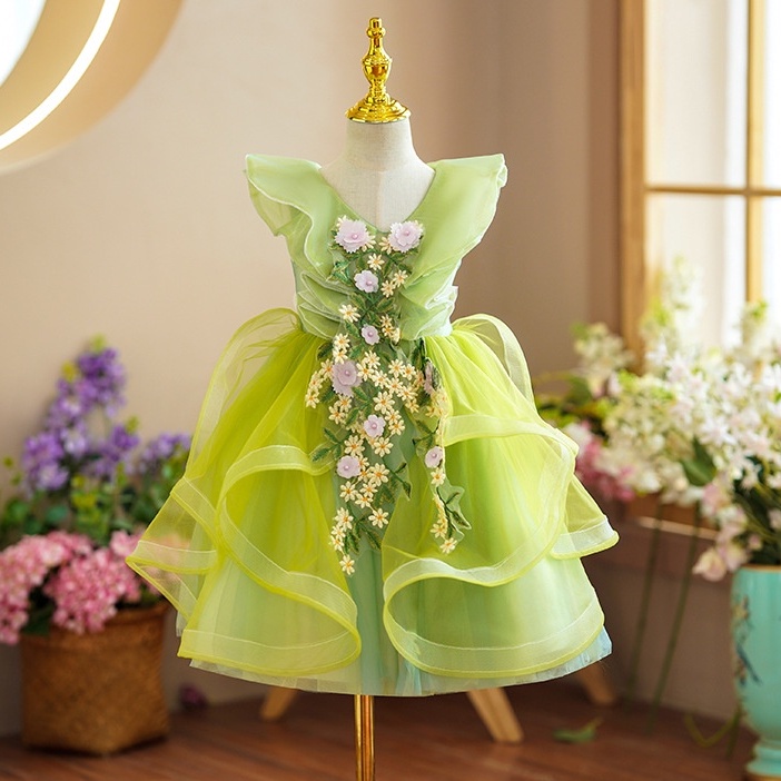 Đầm voan công chúa cho bé gái đính hoa màu xanh dự tiệc đẹp từ 15-35kg hàng Quảng Châu cao cấp0