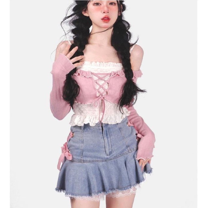 Jiashucheng Chân Váy Denim Buộc Dây Màu Hồng Và Sa Trắng Gạc Thay Đổi Cho Bé Gái