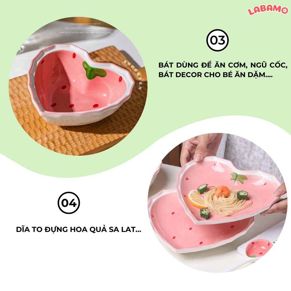 Bát dĩa gốm sứ hình trái tim dâu tây đáng yêu dễ thương dùng decor ăn chè hoa quả quà tặng LABAMO