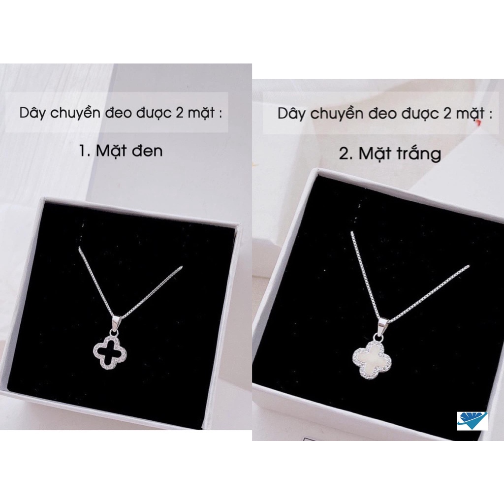 Dây chuyền bạc ta mặt cỏ bốn lá đeo được 2 mặt trắng đen, Tiệm Bạc Mê Ly cam kết bạc chuẩn