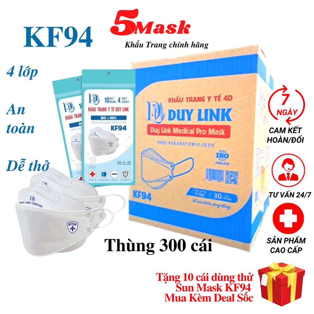 Thùng 300 Cái Khẩu Trang KF94 Duy Link 4 Lớp Ngăn Bụi Bẩn An Toàn Cho Sức Khỏe