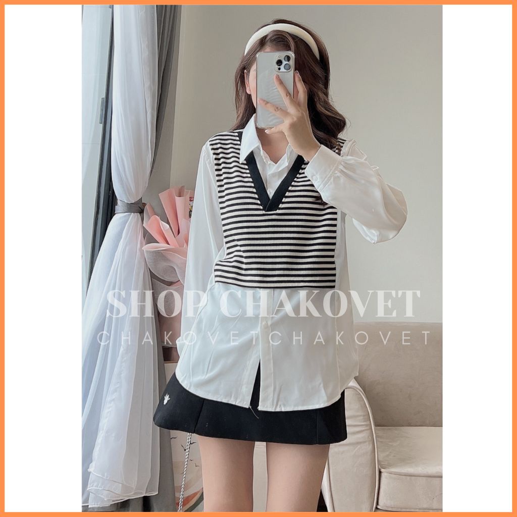 Áo Sơ Mi Nữ Dài Tay Ulzzang A8515 kiểu Áo Cách Điệu Giả Len Mongtoghi Kẻ Ngang Nhiều Màu Sành Điệu Cực Xinh - CHAKOVET