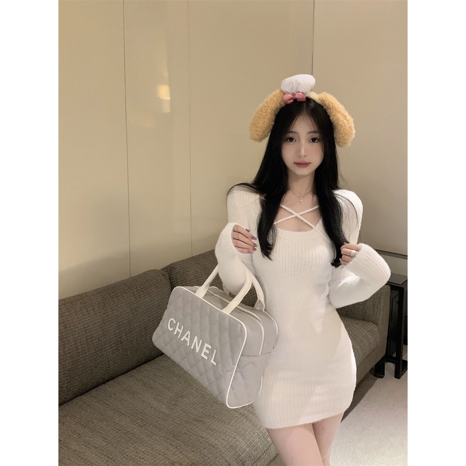 Đầm ZHELIHANGFEI dệt kim tay dài eo cao thiết kế quyến rũ thời trang dành cho nữ