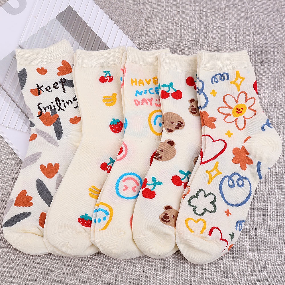 1 Đôi Vớ Cotton Mềm Cổ Vừa Thoáng Khí Thoải Mái In Họa Tiết Trái Cây / Mặt Cười / Gấu Dễ Thương