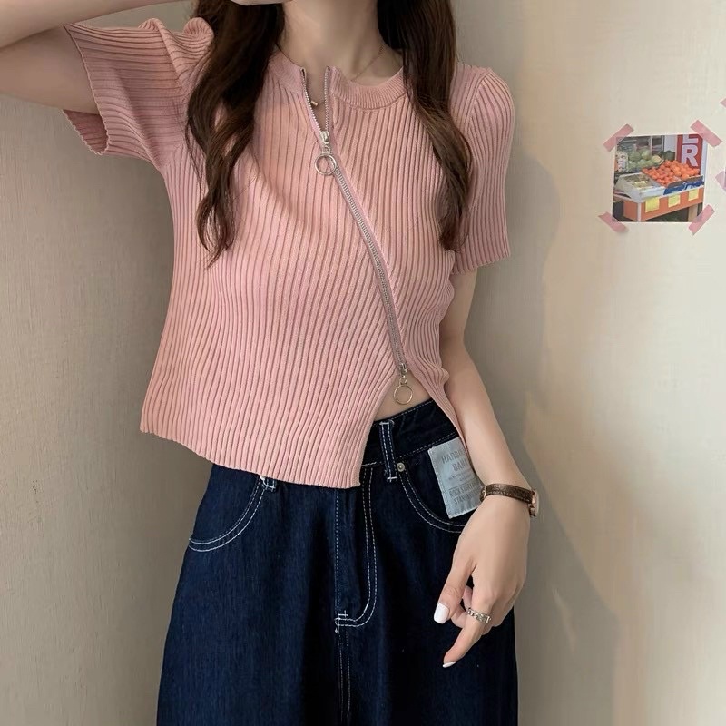 Áo len tăm nữ cổ tròn khoá chéo tà độc lạ