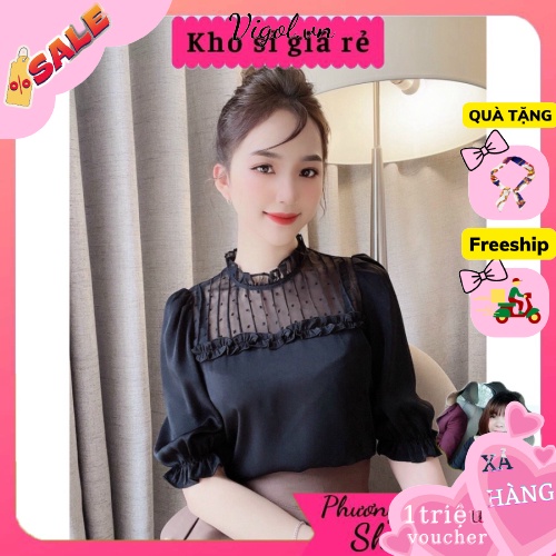 Áo sơ mi công sở kiểu bánh bèo tiểu thư tay lỡ 2 màu đen, kem