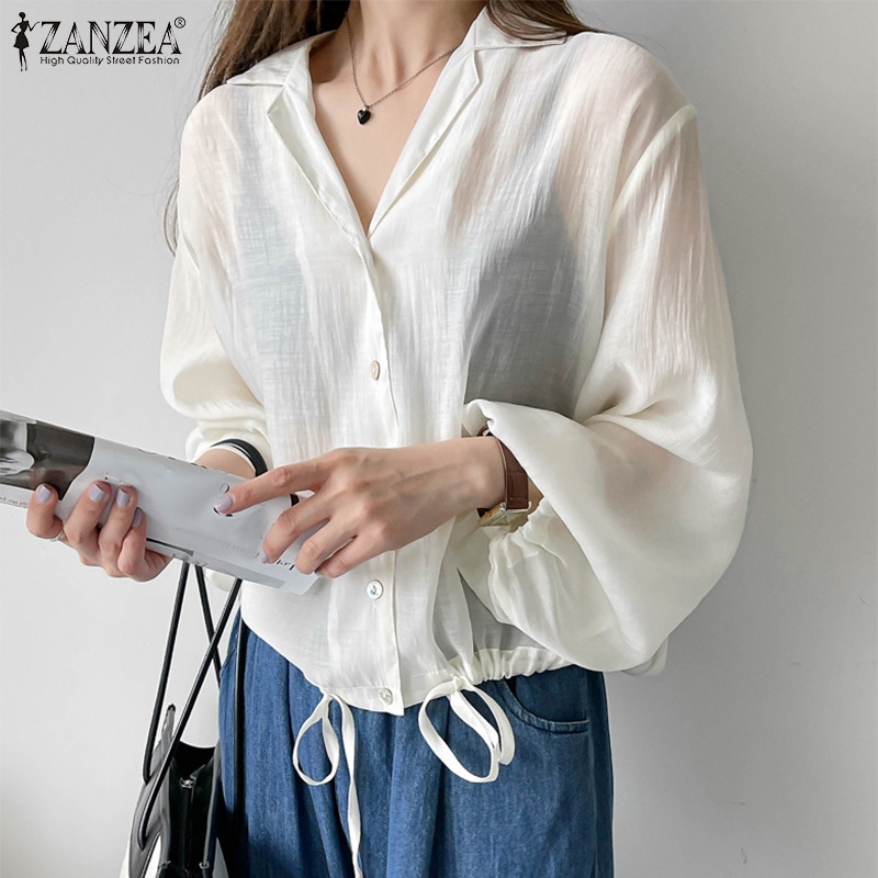 Áo sơ mi ZANZEA tay dài cổ bẻ thiết kế dây rút phong cách Hàn Quốc thời trang cho nữ