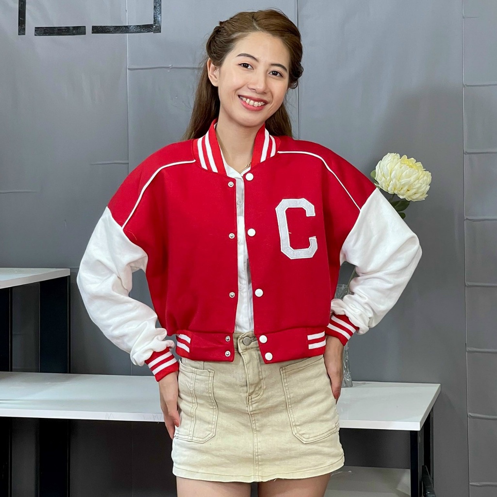 Áo khoác bomber croptop nỉ thêu chữ C dày đẹp BB138