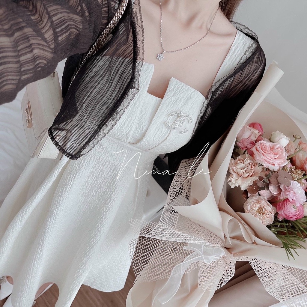 [12/12 Sale Freeship] Set đầm gấm kèm khoác,set áo khoác nhẹ ren lưới tay dài kèm đầm xẻ ngực gấm xốp màu trắng dx