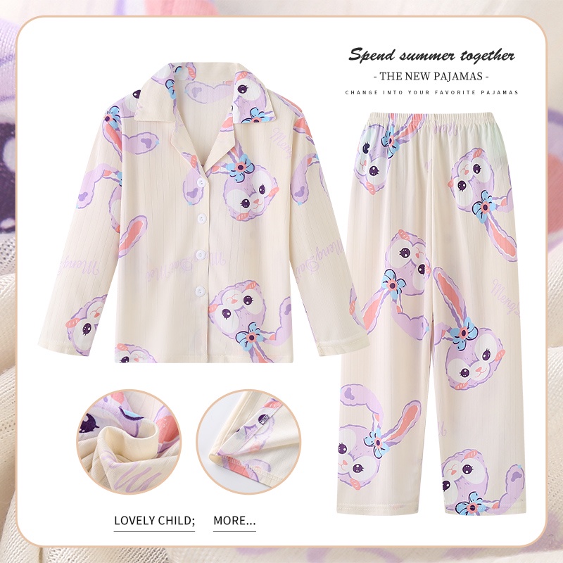 Bộ Đồ Ngủ Tay Dài Chất Liệu Cotton Lụa In Họa Tiết Hoạt Hình Dễ Thương Thời Trang Xuân Thu Cho Bé Gái