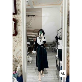 Váy xoè cổ bèo trắng nơ