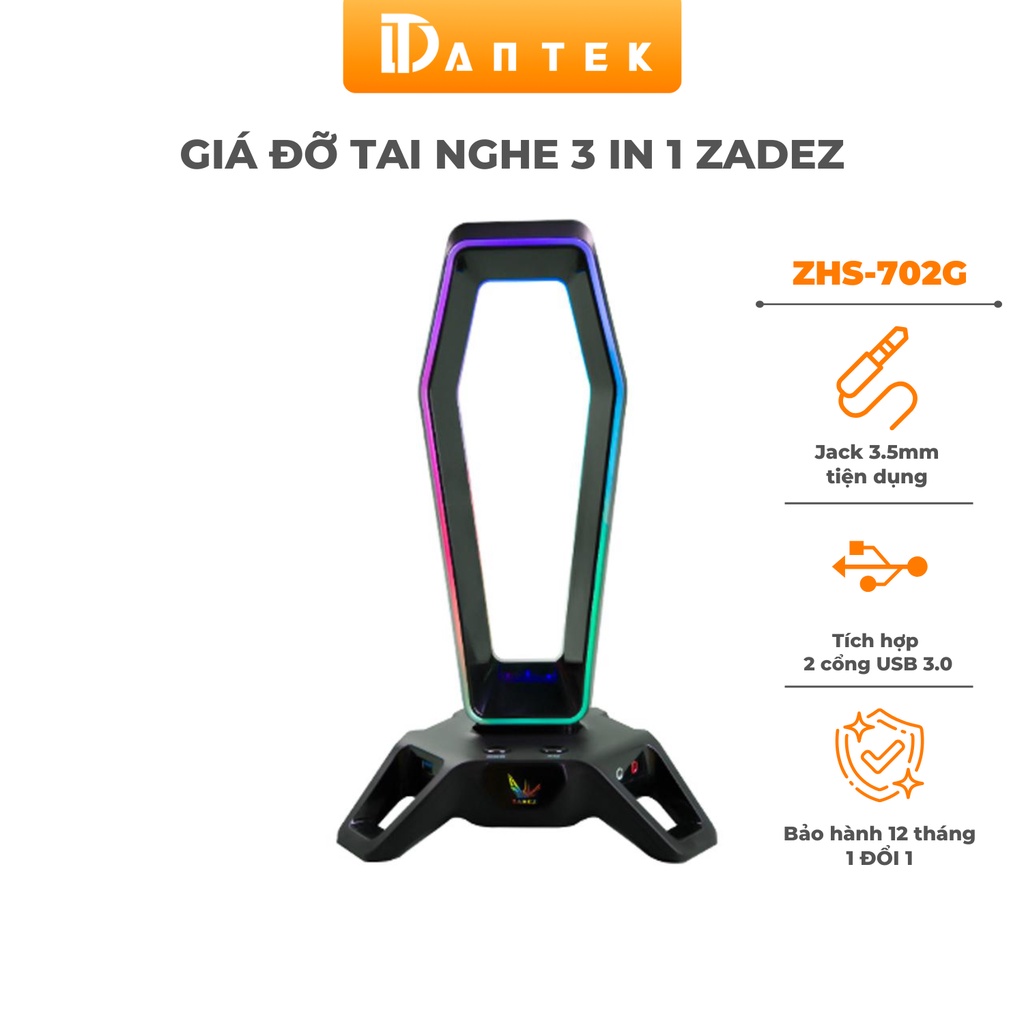 Đế Treo Tai Nghe Cao Cấp Màu Đen LED RGB kiêm Mouse Bungee và Hub USB 3.0 ZADEZ ZHS-701G BLACK - Hàng chính hãng