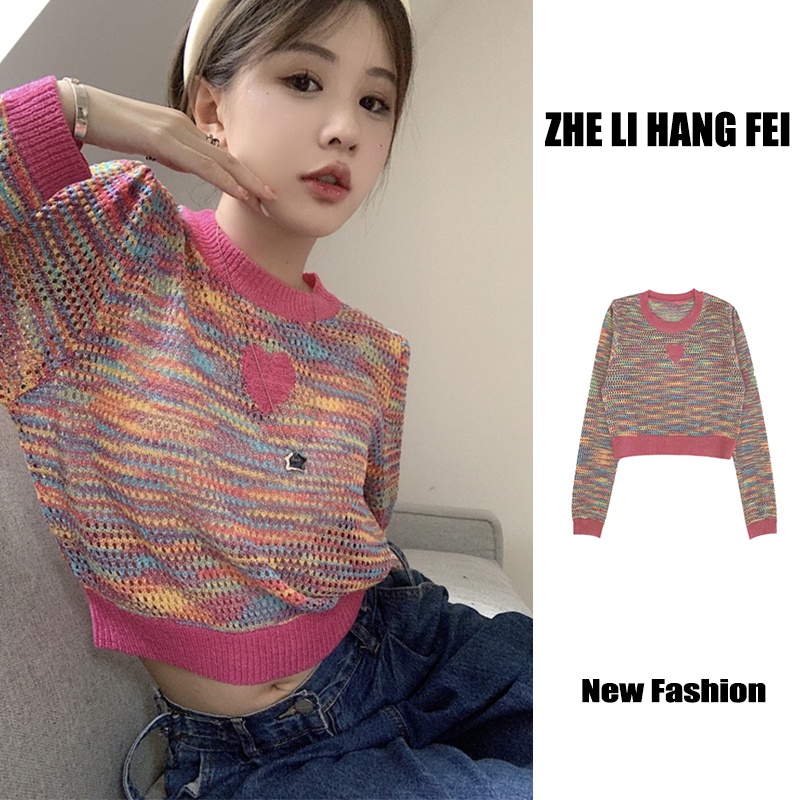 ZHELIHANGFEI Áo Sweater Dệt Kim Tay Dài Lưng Cao Kẻ Sọc Khoét Hình Trái Tim Dễ Thương