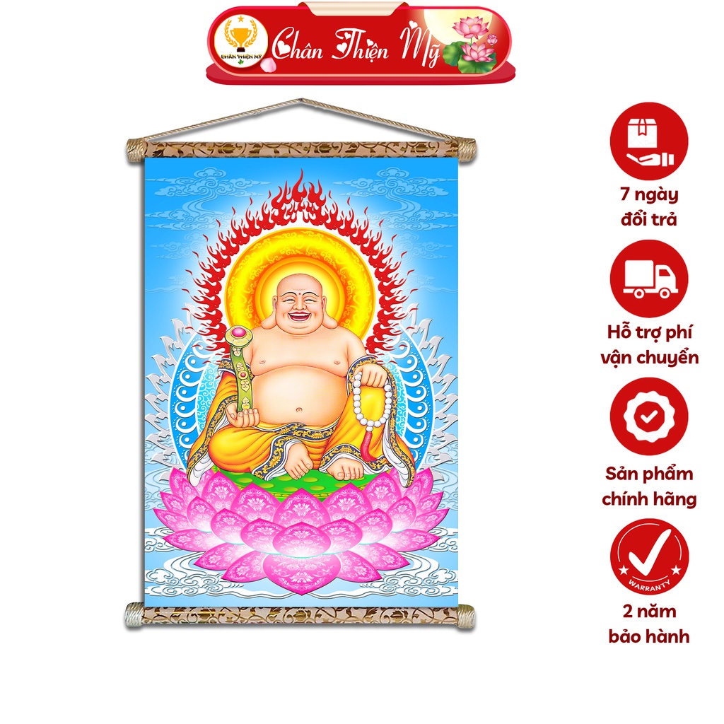 Tranh Phật Treo Tường Phật Di Lặc CHÂN THIỆN MỸ, Chất Liệu Vải Lụa Kim Sa Khung Gỗ 40x60cm DLTP-15