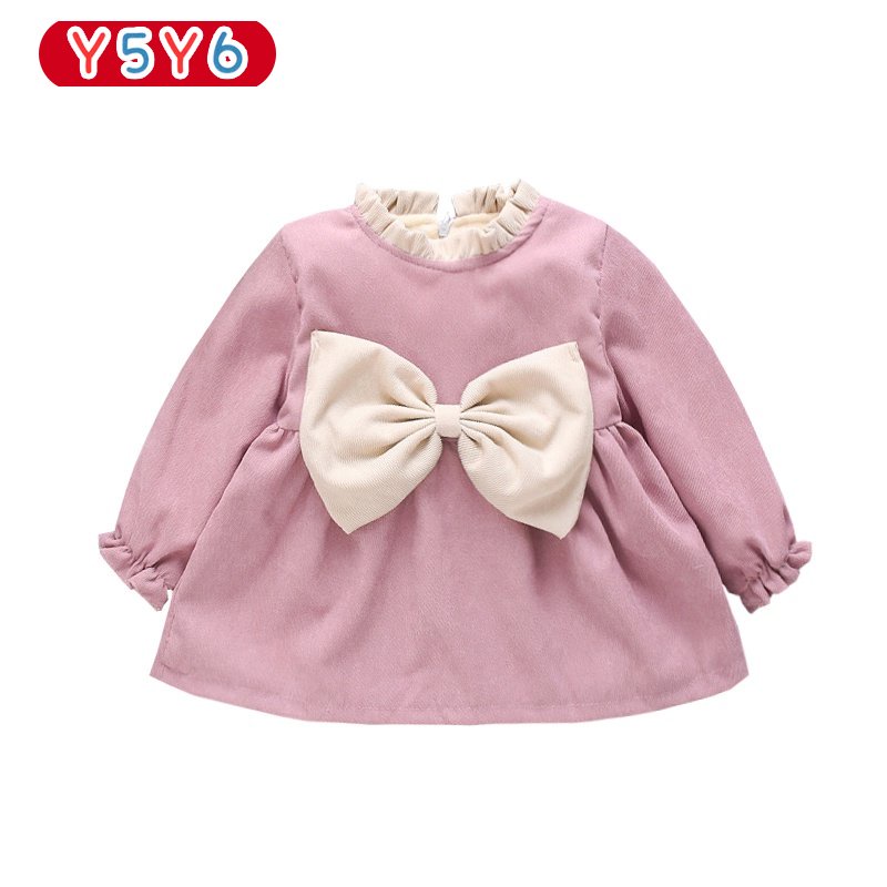 Đầm Nhung Tay Dài Đính Nơ To Dễ Thương Thời Trang Mùa Đông Cho Bé Gái Y5Y6 0-2 Tuổi