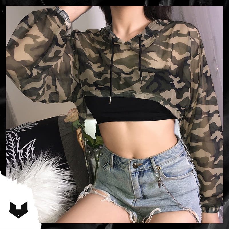 ÁO CROPTOP DÀI TAY REN LƯỚI CAMO CÓ MŨ, O TẬP NHẢY DANCE
