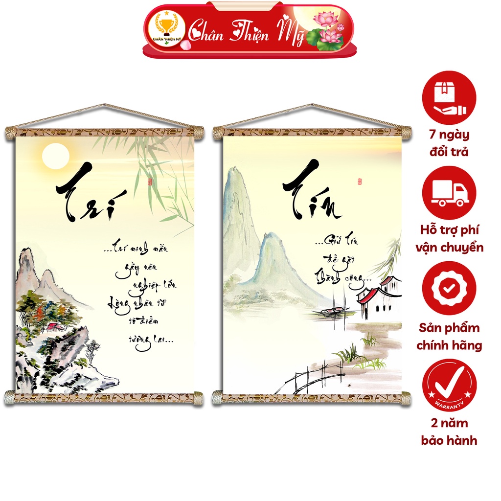 Tranh Thư Pháp Treo Tường Chữ Nhân Lễ Nghĩa Trí Tín CHÂN THIỆN MỸ, Chất Liệu Vải Lụa Kim Sa Khung Gỗ 40x60cm CTHPH-03