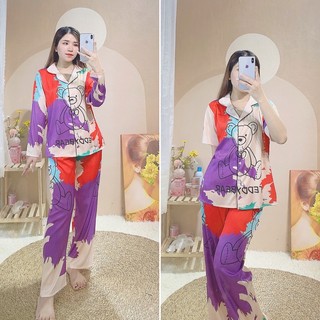 Set pijama lụa ánh kim cao cấp gấu ngũ sắc