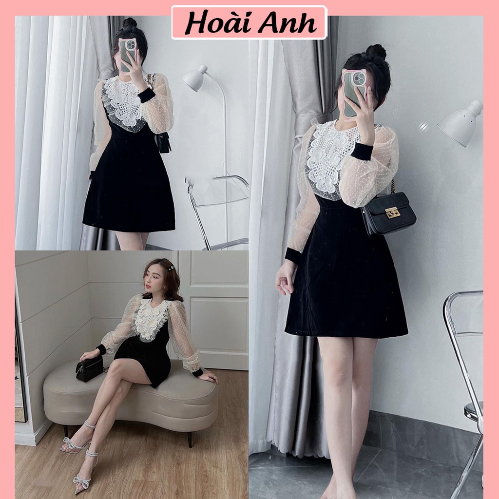 Đầm Nhung Thiết Kế Váy Nhung Nữ Cổ Hoa Phối Tay Ren Freesize