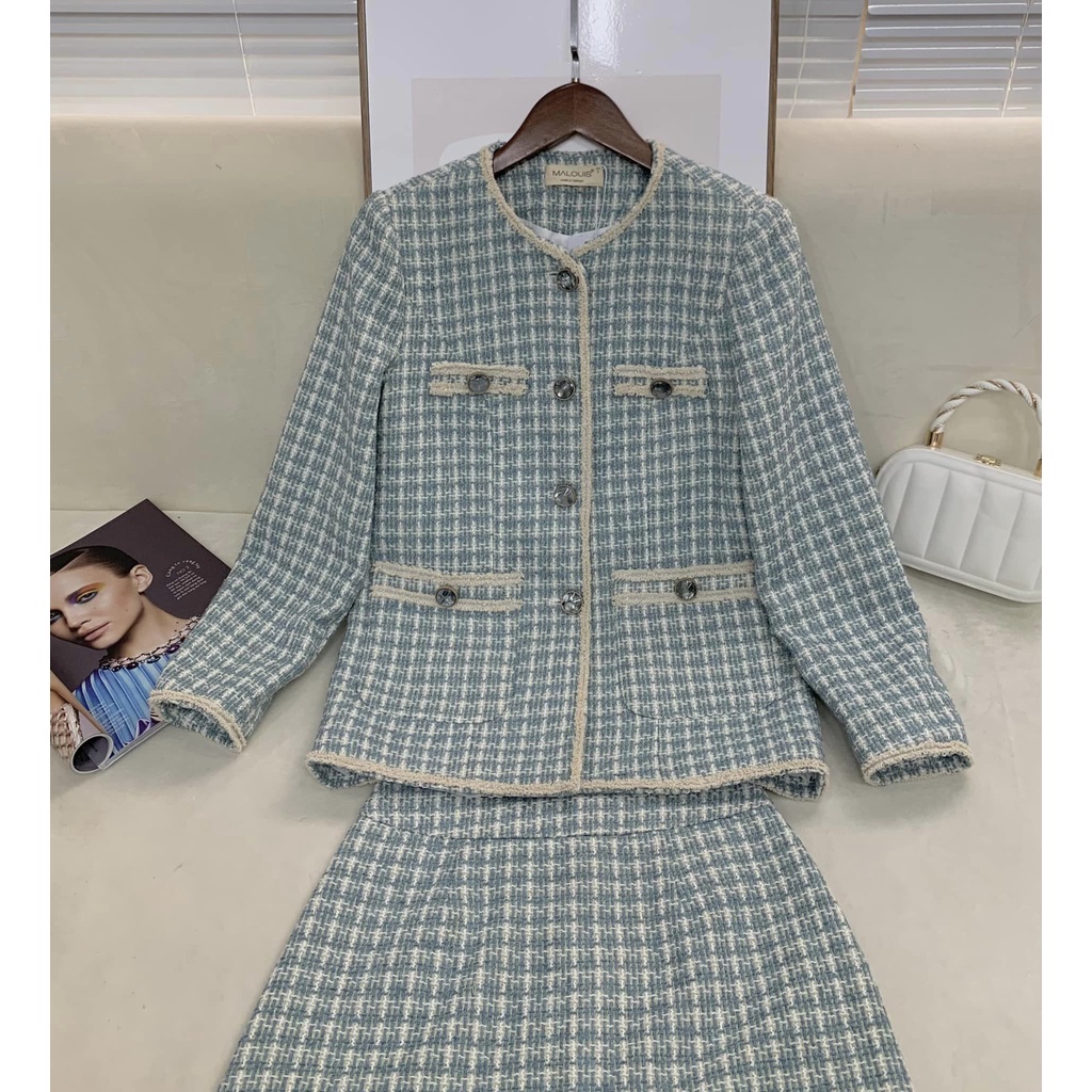 Set dạ stweed thiết kế màu xanh, áo khoác và chân váy tách rời - S.IS22.165