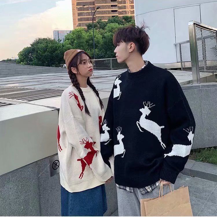 Hattongutto COD OOTD Áo sweater Dệt Kim Màu Đỏ Tươi Sáng Chủ Đề Giáng Sinh Chất Lượng Cao Cho Cặp Đôi TCT