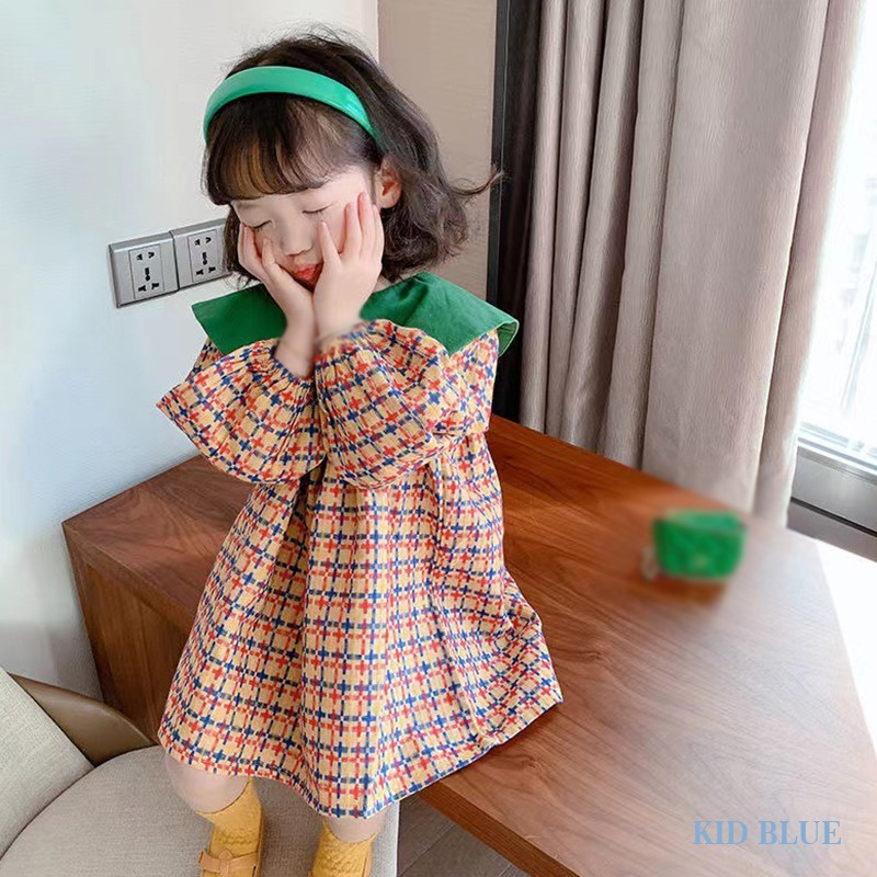 Đầm Công Chúa Dáng Suông Tay Phồng Kẻ Sọc Caro Nhiều Màu Cổ Điển Thời Trang Xuân Thu Phong Cách Hàn Quốc Cho Bé Gái