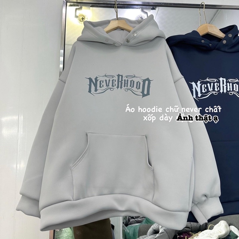 Áo hoodie cúc bấm form rộng in hình NEVEHOOD mũ 2 lớp, áo hoodie phong cách Hàn Quốc