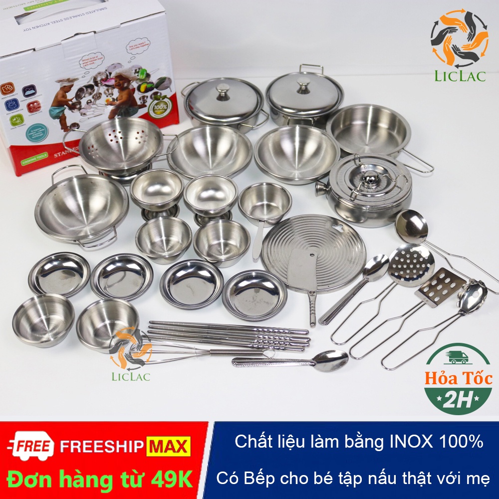 Bộ đồ chơi Nấu Ăn bằng INOX 100% gồm 34 chi tiết  giúp bé tập nấu các món ăn đơn giản - LICLAC