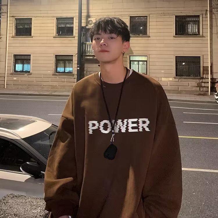 Áo Nỉ Tay Dài Cổ Tròn In Chữ Màu Nâu Phong Cách Hàn Quốc Thời Trang Mùa Thu Cho Nam Và Nữ Plus Size M-5XL