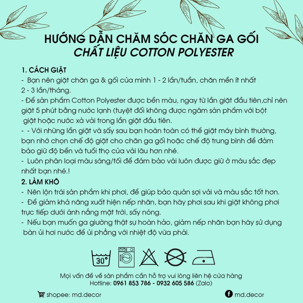 Bộ chăn ga gối cotton poly 5 món chần bông MD.Decor - Bedding họa tiết cừu xanh dễ thương nhiều kích thước ra nệm m6 m8