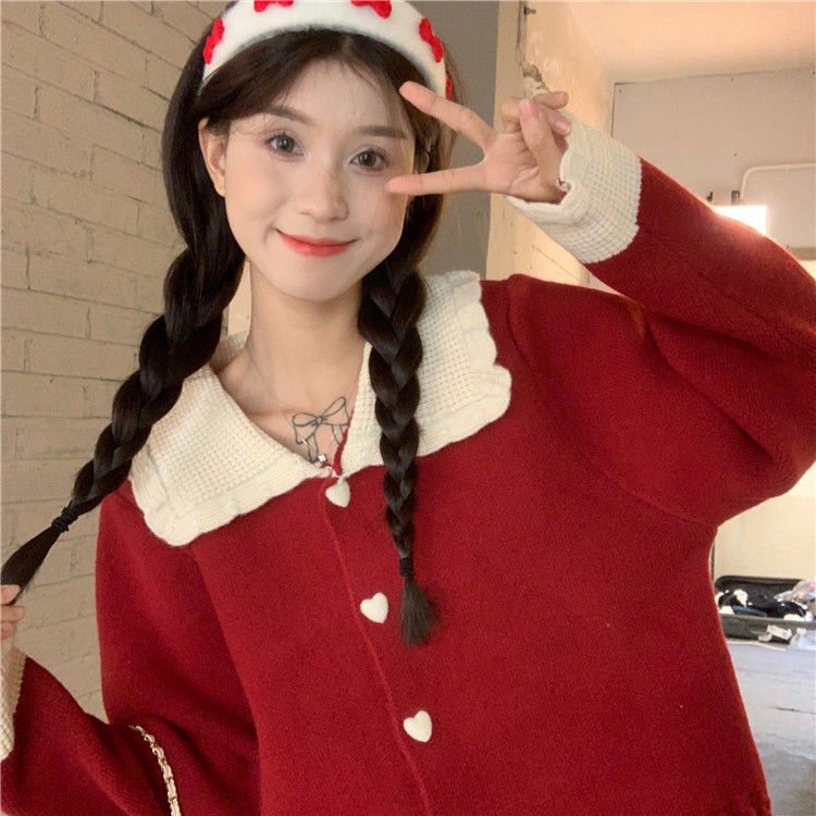 Áo Khoác Cardigan Dệt Kim Cổ Búp Bê Màu Sắc Tương Phản Thời Trang Mùa Đông 2022 Cho Nữ