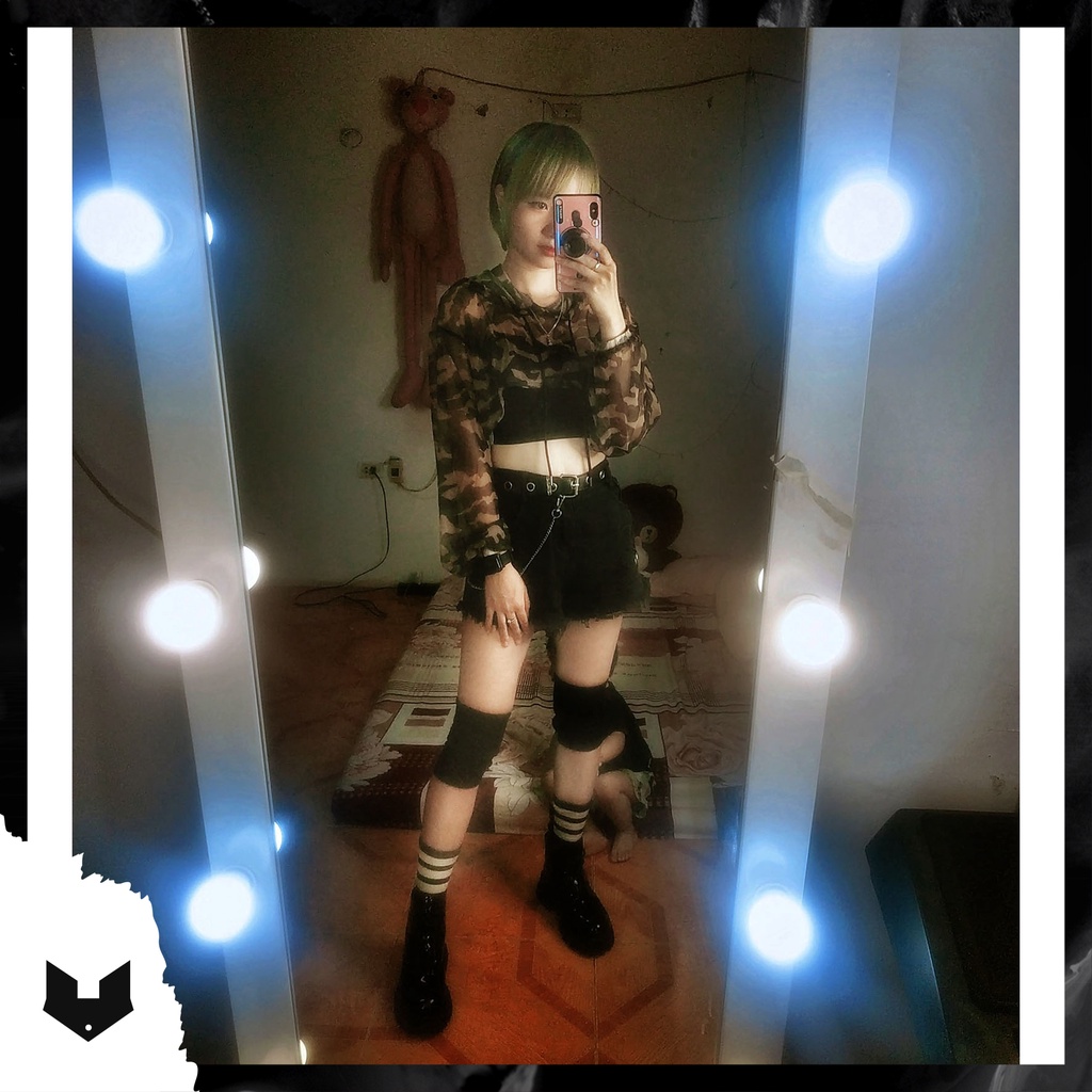 ÁO CROPTOP DÀI TAY REN LƯỚI CAMO CÓ MŨ, O TẬP NHẢY DANCE