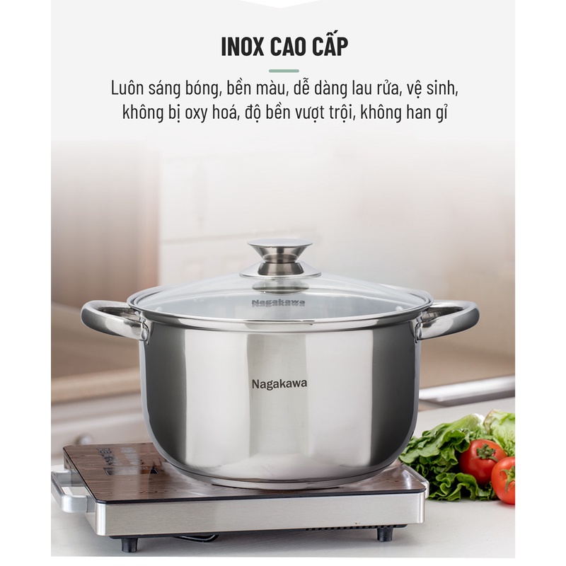 Bộ 3 nồi inox cao cấp 4 đáy Nagakawa NAG1304 (16cm, 20cm, 24cm) dùng cho mọi loại bếp - Hàng Chính Hãng