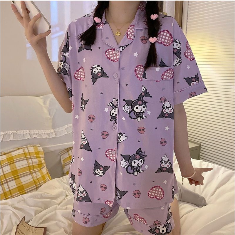 Bộ Đồ Ngủ Tay Ngắn In Hoạt Hình Kuromi Phong Cách Nhật Bản Thời Trang Mùa Hè Cho Nữ
