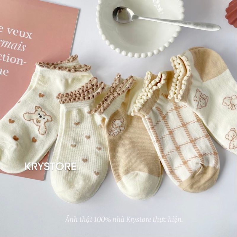 Set 5 đôi tất nữ ngắn cổ gấu nâu viền ren SN11