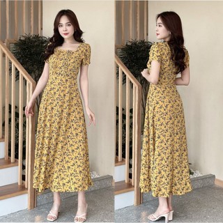Đầm xòe hoa form dài cổ vuông xếp ly ngực, tay búp sen S&M - GR0240