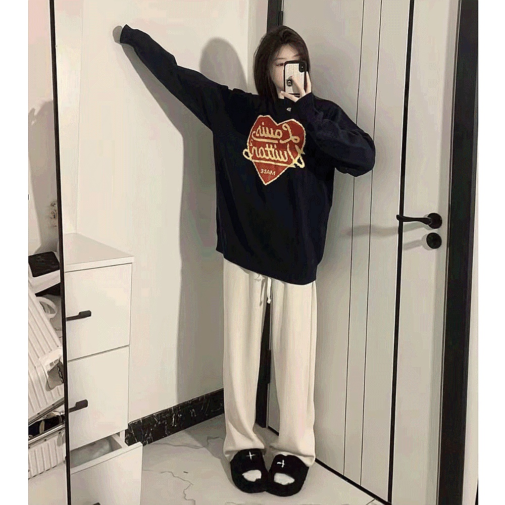 Áo Sweater Cotton Cổ Tròn Tay Dài In Họa Tiết LV 22 Trái Tim Thời Trang Thu Đông Cho Nam Và Nữ