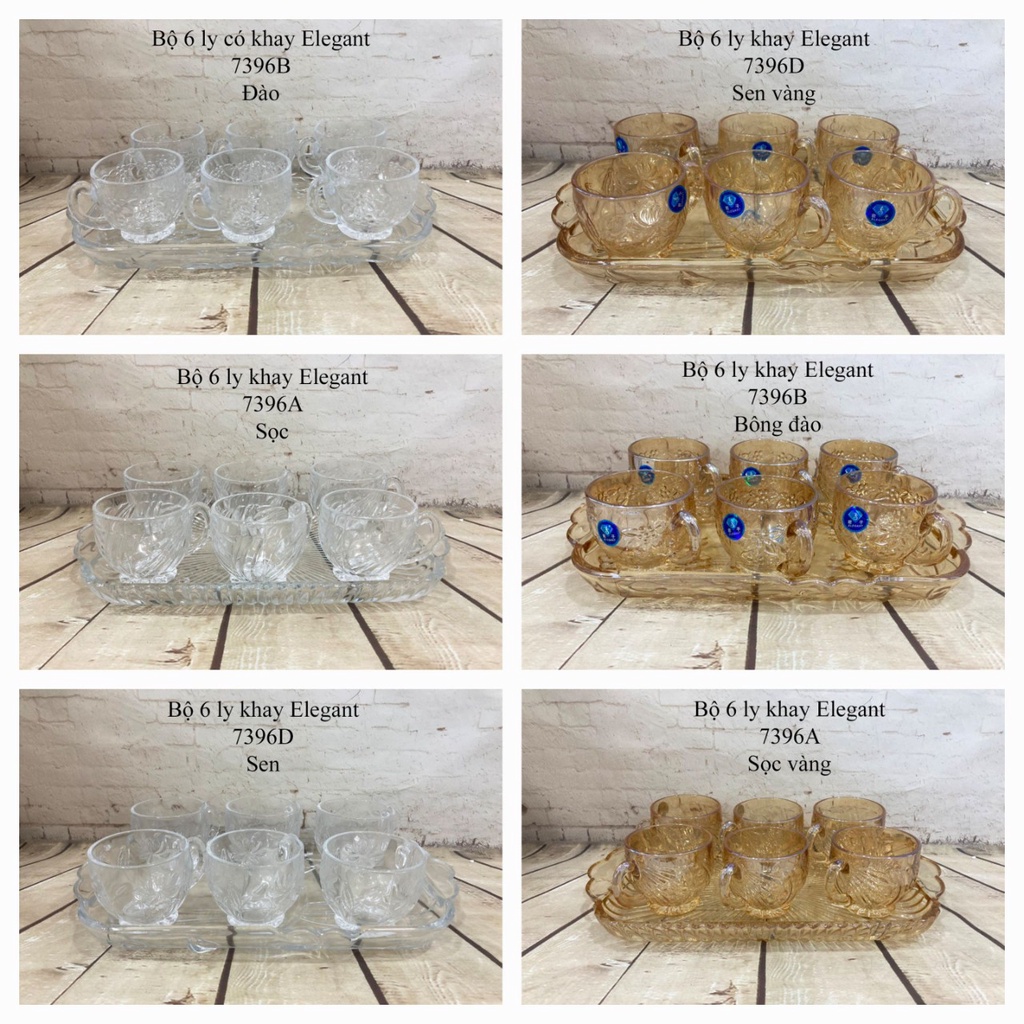 Bộ 6 ly thủy tinh kèm khay thủy tinh 3976 đẹp xuất sắc , bộ khay kèm ly thủy tinh ELEGANT có quai nhiều kiểu