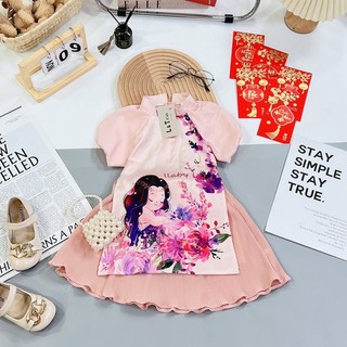 (Ảnh thật ) set áo dài lụa 3D cao cấp cho bé gái