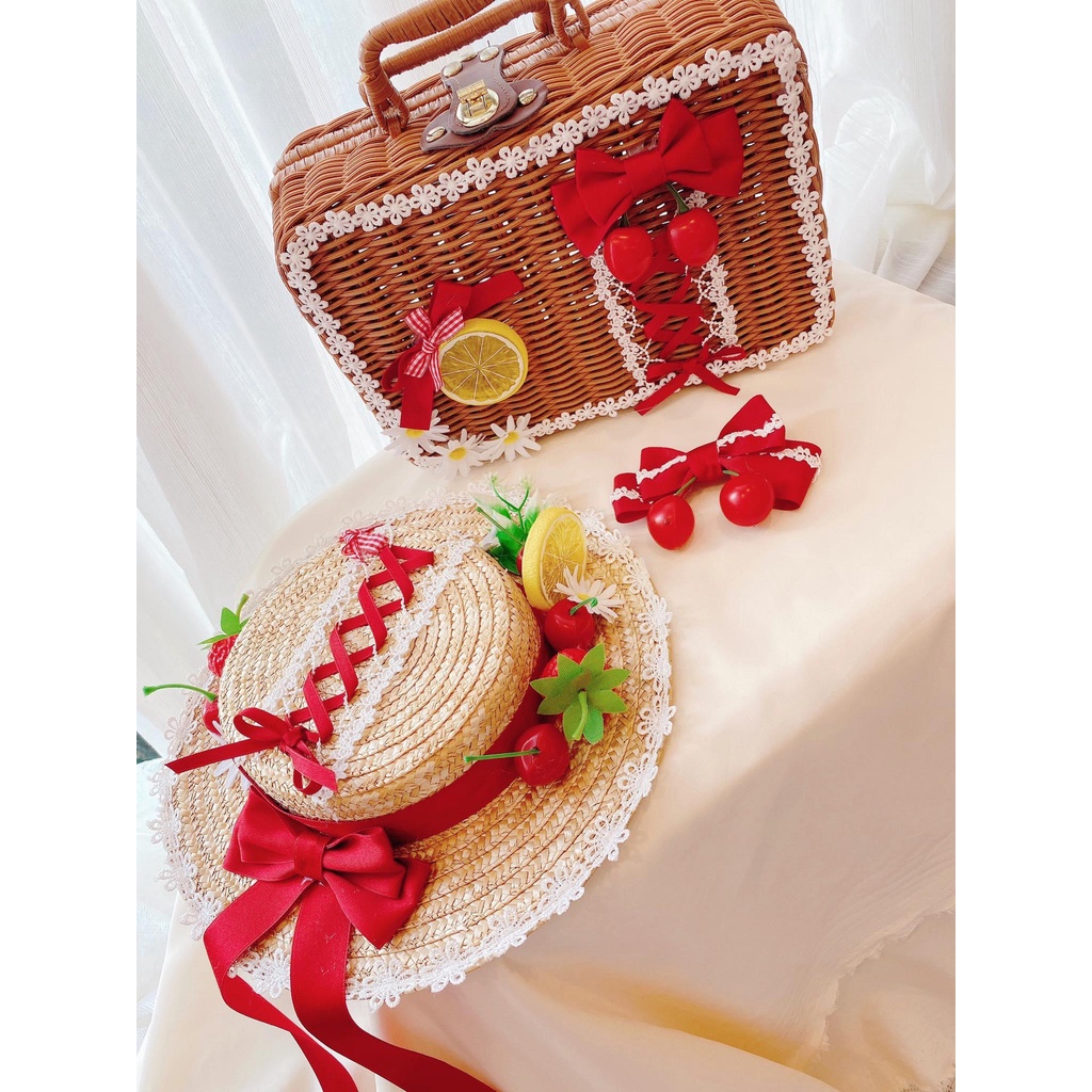 ⚡PHỤ KIỆN LOLITA ⚡ Mũ cói rộng vành và giỏ mây nhựa đính nơ/hoa/dâu tây ... phối ren phong cách Lolita nhật bản cho nữ