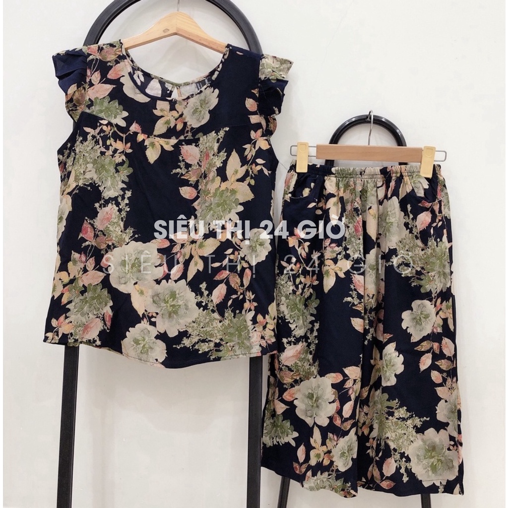 Đồ bộ lanh trung niên mặc nhà cho mẹ Siêu thị 24 giờ áo cánh tiên quần lửng form rộng thoải mái ĐBLTN