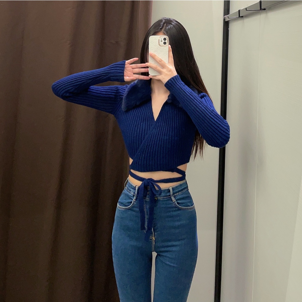 Áo Khoác Cardigan Zara Cổ Bẻ Cột Dây Phối Lông Nhân Tạo Thời Trang Cho Nữ 226873101Phong Cách Mới