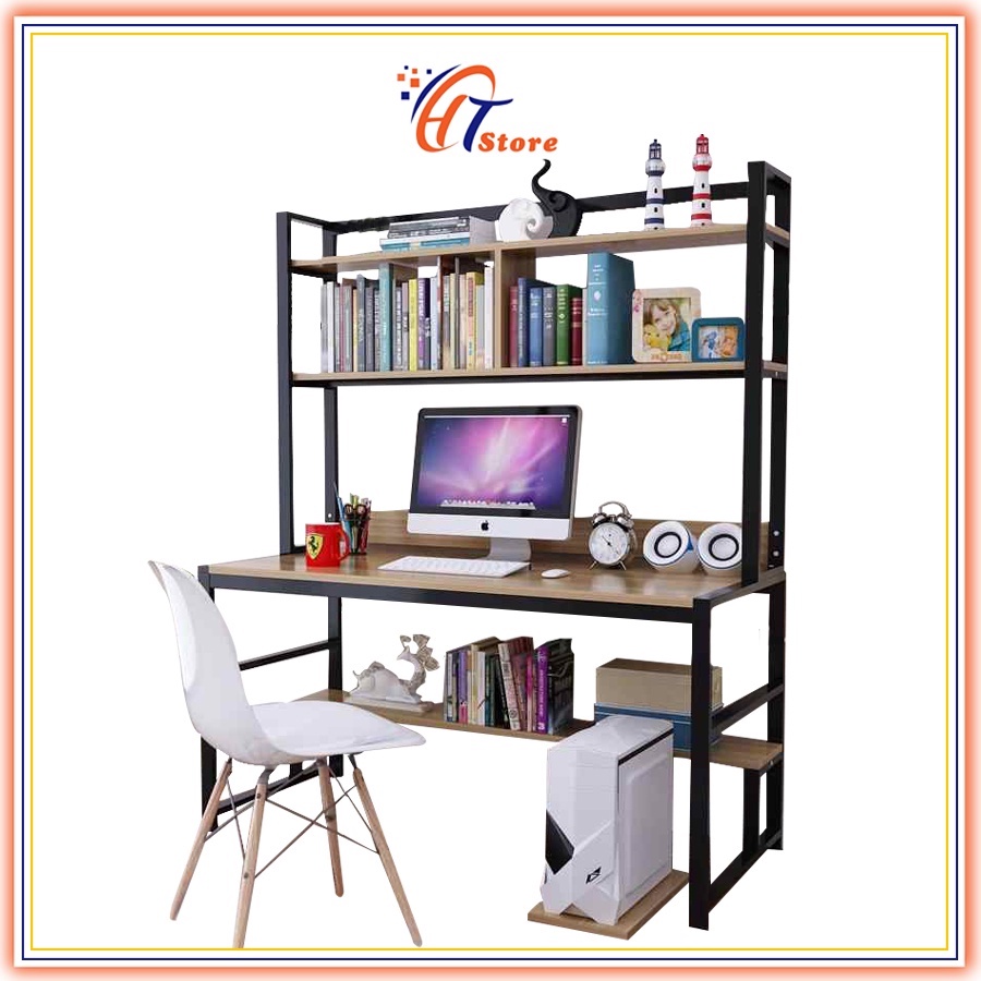 Bàn làm việc học tập kèm giá sách,học sinh sinh viên, chân sắt 1li2 sơn tĩnh điện chắc chắn mặt gỗ MDF chống xước