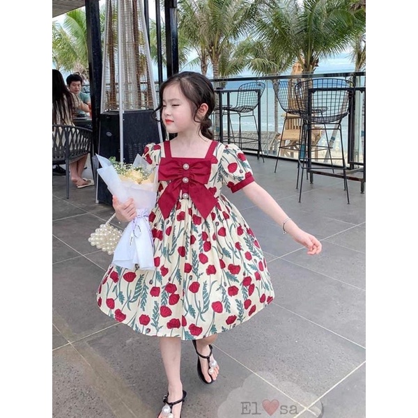 (10 đến 20 ký ) Váy hoa đỏ bé gái kèm ảnh thật
