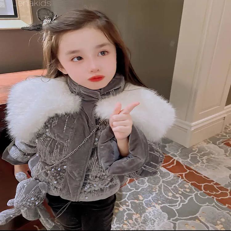 Áo Khoác Cotton Đệm Lông Đính Sequin Có Đệm Lót Cổ Tháo Rời Được Thời Trang Thu Đông Hàn Quốc Mới 2022 Cho Bé Gái