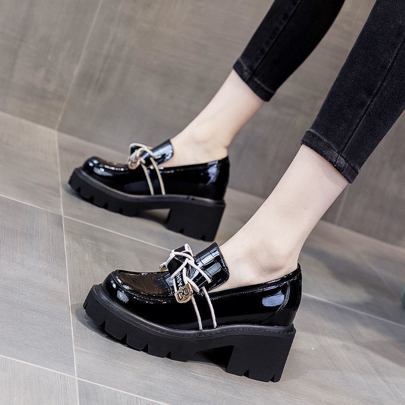 Giày Lười Da Đế Dày 8cm Thắt Nơ Xinh Xắn Phong Cách Anh Quốc 2022 Cho Bạn Gái