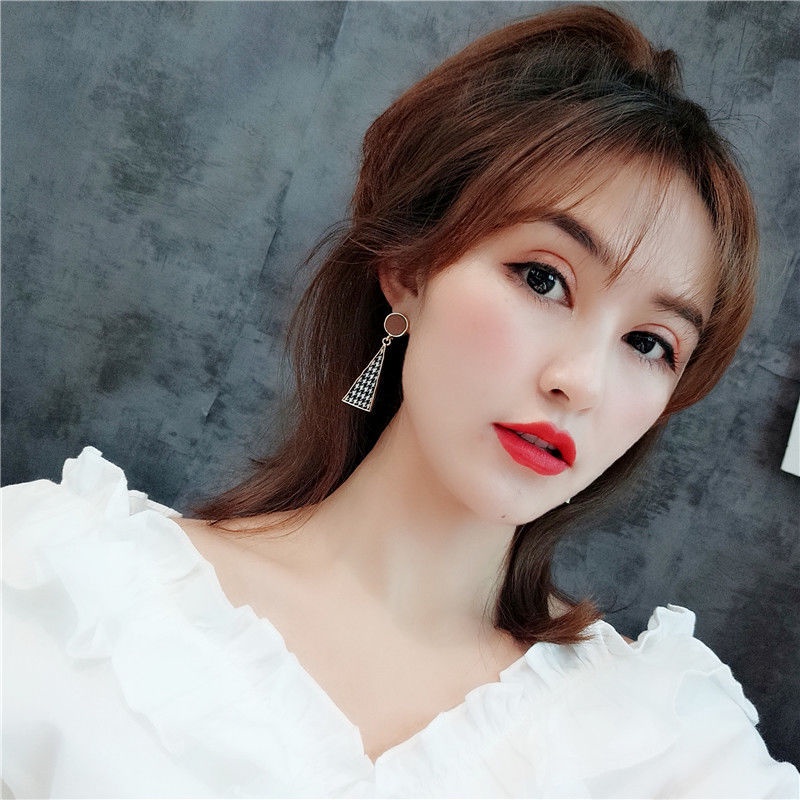 XiaoboACC Bông Tai Mạ Bạc 925 Họa Tiết Houndstooth Phong Cách Retro Thời Trang Hàn Quốc