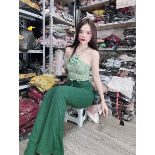 Set bộ áo nhún cổ yếm quần thun len ống rộng tôn dáng,đồ bộ mặc nhà 1991x shop